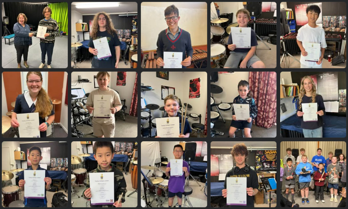 Students of The Beat Studios holding their certificates. Drum students in Christchurch with Trinity College exam certificates from The Beat Studios.